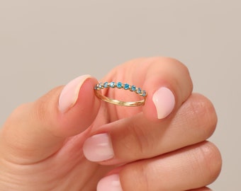 Stunning Aquamarine Wedding Ring, 14k Gold Blue Gemstone Stacking Ring,Mothers March Birthstone Ring,Slim Half Eternity Band Rings for Women