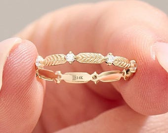 14K Solid Gold Olivenblatt Ehering, Diamant Natur inspiriert Ring für Frauen, Strukturierte Rebe Stapeln Band, Vintage Braut Eternity Ring