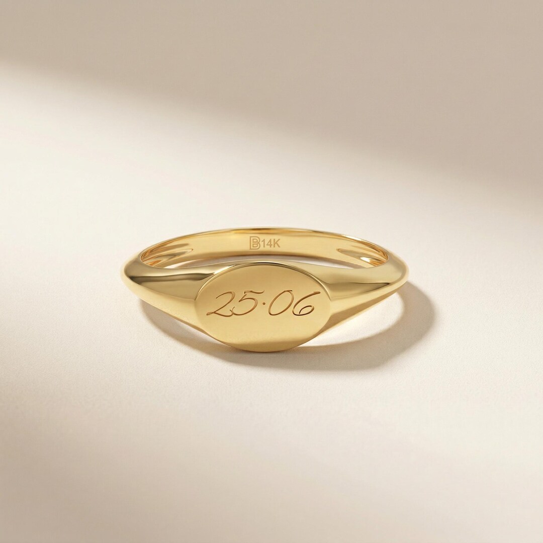 Custom Date Engraved Oval Signet Ring 14K Solid Gold, Roman Numeral ...