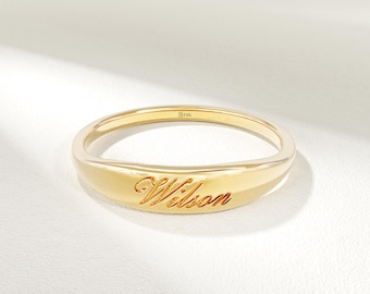 14k Solid Gold Signet Ring for Women – Dainty Pinky Ring, Personalized Engraved Stacking Band, Minimal Gold Jewelry Gift for Her