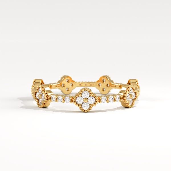 Pave Diamond Flower Ring 14K Solid Gold, Dainty Eternity Stackable Wedding Band for Women, Minimalist Floral Ring, Gift for Wife