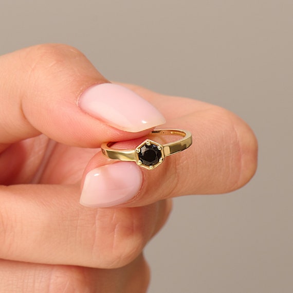 Stunning Black Engagement Ring, 14k Solid Gold Pinky Ring with Black Stone,  Real Gold Rings for Women, Dainty Statement Band Ring