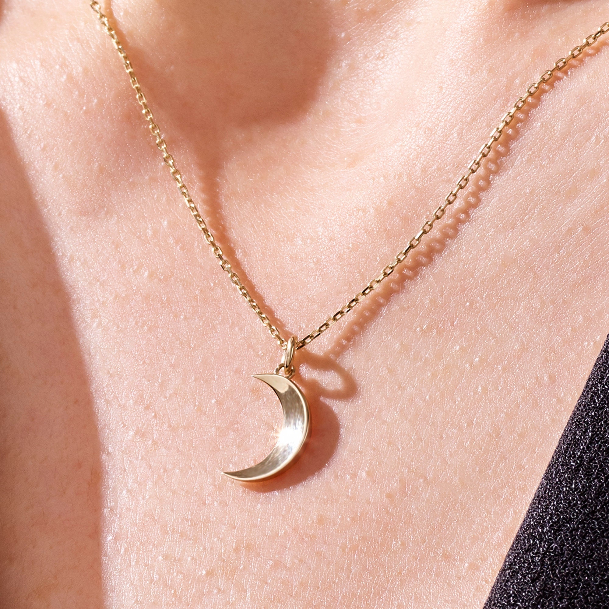 14k Solid Gold Moon Pendant Necklace 