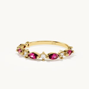 14k Solid Gold Ruby Ring Marquise Lab Created Ruby Band Dainty Stackable Ring Half Eternity Ring Unique Gold Stacking Ring Gift for Women