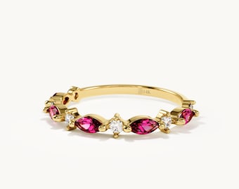 14k Solid Gold Ruby Ring Marquise Lab Created Ruby Band Dainty Stackable Ring Half Eternity Ring Unique Gold Stacking Ring Gift for Women