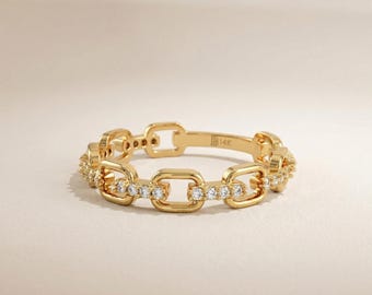 14K Solid Gold Paperclip Gliederring, Diamant-Link-Eternity-Band, Einzigartige Kette Ehering, Moderne Gold Stapelring, Frau Jubiläumsgeschenk