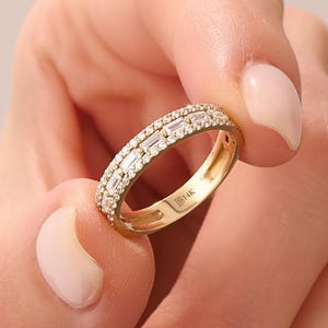 Wide Eternity Wedding Band, 14K Solid Gold Baguette CZ Ring, Modern Bridal Stacking Band for Women