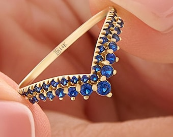 V Shaped Sapphire Wedding Band 14K Solid Gold, Chevron Ring Enhancer for Women, Dainty Stackable Contour Ring, Minimalist Gift for Her