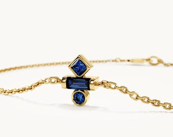 Sapphire Cluster Bracelet, 14K Solid Gold CZ Blue Gemstone Jewelry, Geometric Baguette Round Sapphire Chain, September Birthstone Gift