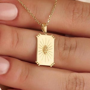 Collar con colgante rectangular para mujer, oro macizo de 14 quilates, grabado personalizado en la parte posterior, delicado dije en rosa amarilla auténtica o blanca. Regalo de joyería para damas.