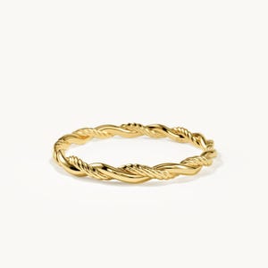 14K Solid Gold Twisted Rope Ring, Hammered Stackable Ring for Women, Dainty Minimalist Gold Band, Everyday Stacking Ring, Gift for Her