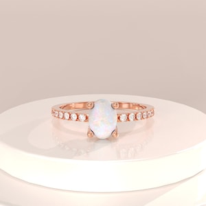 Solid Gold Oval Opal Ring, 14k Real Gold Opal Engagement Ring for Women, White Opal Birthstone Ring, Natural Opal Ring, Opal Jewelry Rings image 3