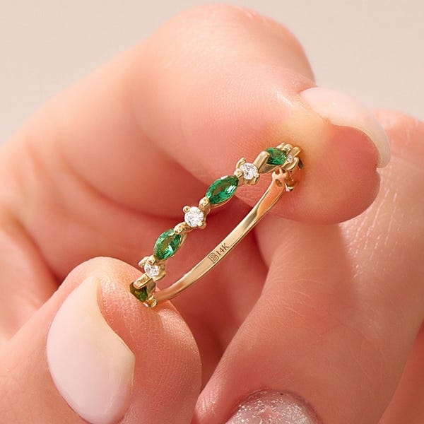 Marquise Emerald Wedding Band 14K Solid Gold, Dainty Stackable Eternity Ring for Women, Minimalist Band, Anniversary Gift for Wife