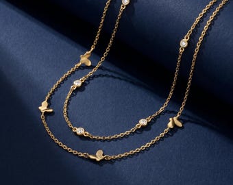 14K Solid Gold Butterfly Bracelet, Double Layered Chain Bracelet, Bezel Moissanite Charm Bracelet, Minimalist Nature Jewelry, Gift for Her