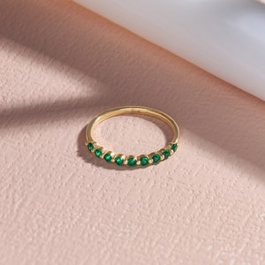 14k Gold Emerald Stacking Ring, Solid Gold Green Wedding Ring for Women, Minimalist Half Eternity Ring, Layering Ring, Thin Stackable Bands image 3