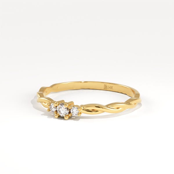Braided Promise Ring, Twisted Vine Solitaire Engagement Ring, 14K Solid Gold Dainty Woven Band, Minimalist Ring for Her