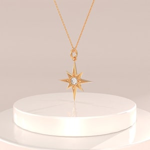 14k Gold North Star Pendant Necklace, Solid Gold Pole Star Necklace for Women, Minimalist Star Charm Starbust Pendant,Real Gold Tiny Pendant
