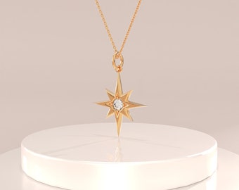 14k Gold North Star Pendant Necklace, Solid Gold Pole Star Necklace for Women, Minimalist Star Charm Starbust Pendant,Real Gold Tiny Pendant