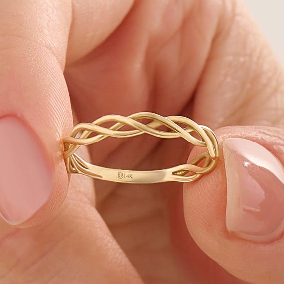 14K Solid Gold Celtic Knot Ring Handmade Braided Wedding Band Traditional Irish Jewelry Stacking