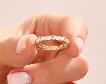 Solid Gold Marquise Wedding Band Women, 14k Gold Eternity Ring, Dainty Stacking Ring, Unique Bridal Ring, Minimalist Lab Diamond Cz Ring