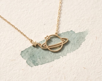 14K Solid Gold Saturn Necklace | Dainty Planet Pendant with Star, Celestial Space Lover Gift