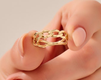 14K Solid Gold Dicker Kettenring, Gliederkette Ehering Damen, breiter Stapelring, Gelb-Rosé-Weißgold-Alltagsring, Alltagsring