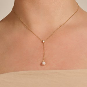 14k Solid Gold Pearl Lariat Necklace – Minimalist Y Drop Chain for Women, Dainty Handmade Jewelry, Delicate Everyday Necklace Gift