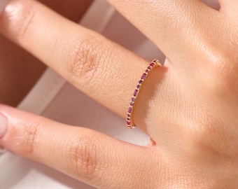 14K Solid Gold Baguette Ruby Wedding Band, Minimalist Thin Stackable Ring, July Birthstone Jewelry Gift