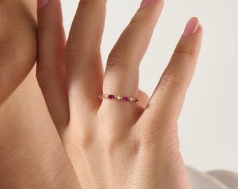 14k Solid Gold Ruby Ring Marquise Lab Created Ruby Band Dainty Stackable Ring Half Eternity Ring Unique Gold Stacking Ring Gift for Women