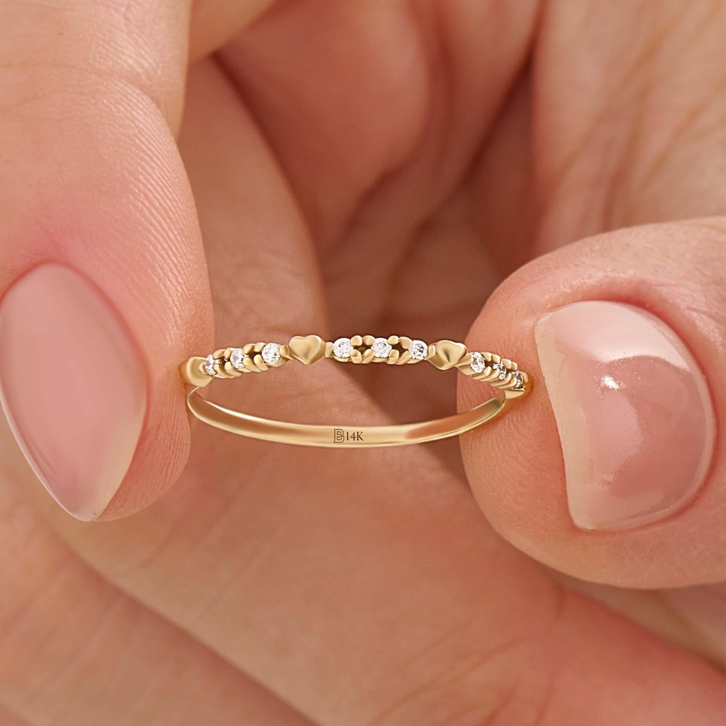 14K Solid Gold Heart Stacking Ring, Minimalist Dainty Love Band