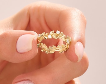 14K Solid Gold Leaf Wedding Ring, Olive Branch Vine Band, Nature Inspired Eternity Ring, Botanical Bridal Jewelry, Gifts for Wife
