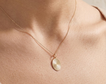 Oval Sunburst Necklace 14K Solid Gold, Sun Disc Celestial Pendant, Dainty Medallion Charm Jewelry