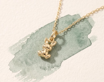 14K Solid Gold Bunny Necklace | Tiny 3D Rabbit Charm, Animal Pendant, Pet Lover Gift