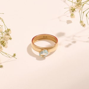 Oval Aquamarine Thick Band Ring, 14k Solid Gold Blue Engagement Rings for Women, Unique Statement Ring,Wide Aquamarine Ring,Dainty Gold Ring image 5