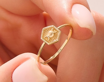 14K Solid Gold Hexagon Signet Ring, Celestial Sun Moon Pinky Ring for Women, Dainty Minimalist Gold Ring, Gift for Her