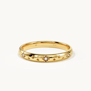 14k Solid Gold Starburst Ring, Starry Night Wedding Band, Celestial North Star Eternity Ring, Unique Galaxy Stacking Band
