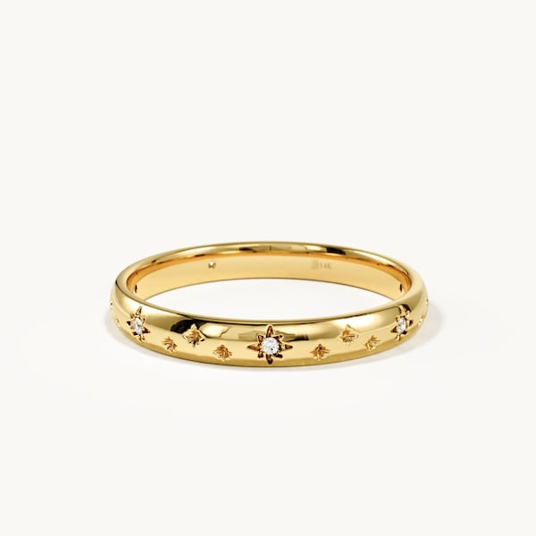 14k Solid Gold Starburst Ring, Starry Night Wedding Band, Celestial North Star Eternity Ring, Unique Galaxy Stacking Band
