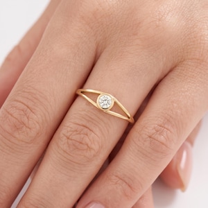 14k Solid Gold Bezel Diamond Promise Ring • Dainty Split Shank Pinky Ring for Women • Minimalist Tiny Engagement Ring • Gift Jewelry