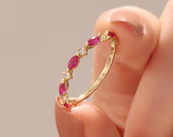 14k Solid Gold Ruby Ring Marquise Lab Created Ruby Band Dainty Stackable Ring Half Eternity Ring Unique Gold Stacking Ring Gift for Women