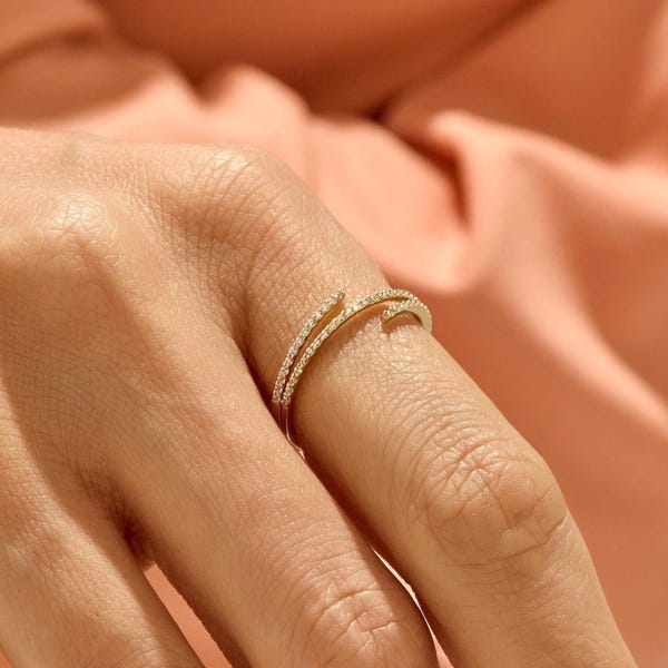 14k Solid Gold Wrap Around Ring, Pavé Spiral Band for Women, Half Eternity Statement Ring, Stacking Gift Jewelry