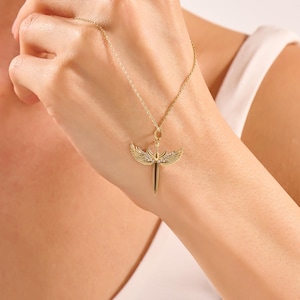 Angel Wing Sword Pendant / 14k Solid Gold Fantasy Necklace for Women / Winged Cross Charm / Justice & Power Jewelry / Fairy Knife Gift
