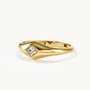 Moissanite Pinky Signet Ring for Women, Solid 14K Gold Graduation Gift, Dainty Stackable Jewelry