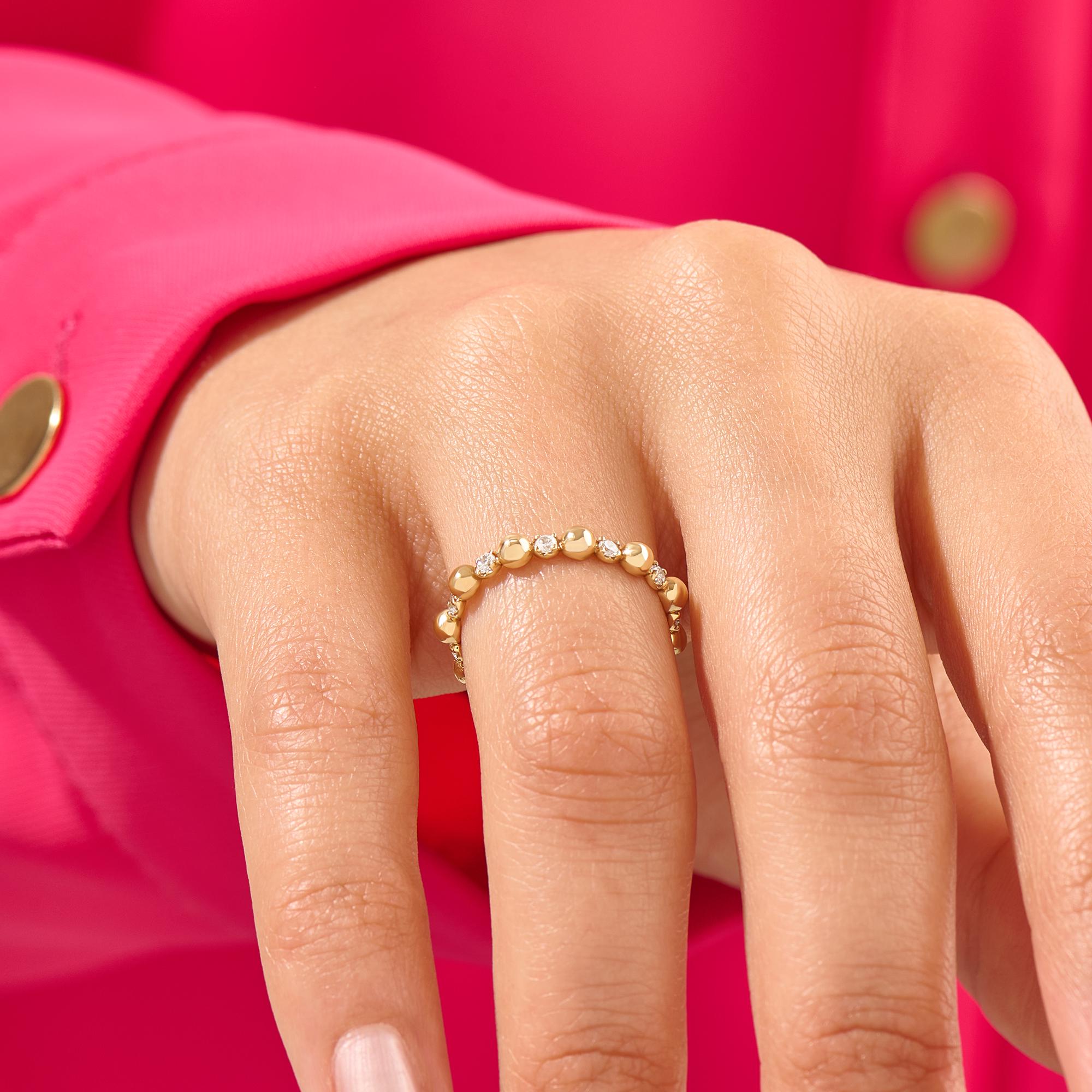 14k Solid Gold Beaded Stacking Ring, Dainty Bubble Band, Minimal