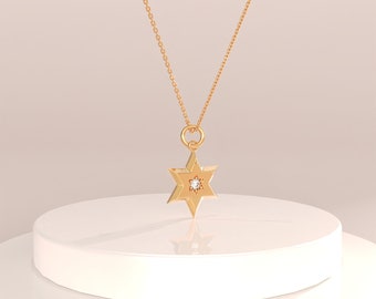 14k Solid Gold Minimal Star Of David Pendant Necklace, Small Jewish Star Charm, Religious Pendant Necklace for Women, 16 to 20 inches Chain