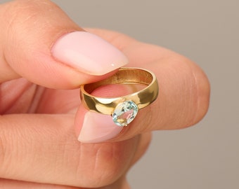 Ovaler Aquamarin-Dickbandring, 14-karätige massive Goldblaue Verlobungsringe für Frauen, einzigartiger Statement-Ring, breiter Aquamarin-Ring, zierlicher Goldring