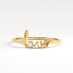 14K Solid Gold Love Ring with Diamond, Dainty Script Word Ring, Personalized Love Script Jewelry,Minimalist Promise Ring,Gift for Girlfriend