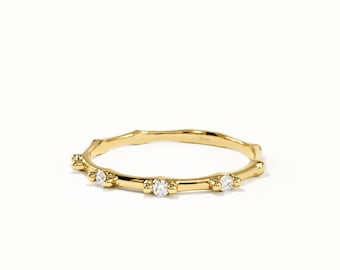 14-karätiger Moissanit-Bambusring aus massivem Gold, ultradünner, stapelbarer Ring, minimalistischer Naturschmuck, Geschenk für Sie