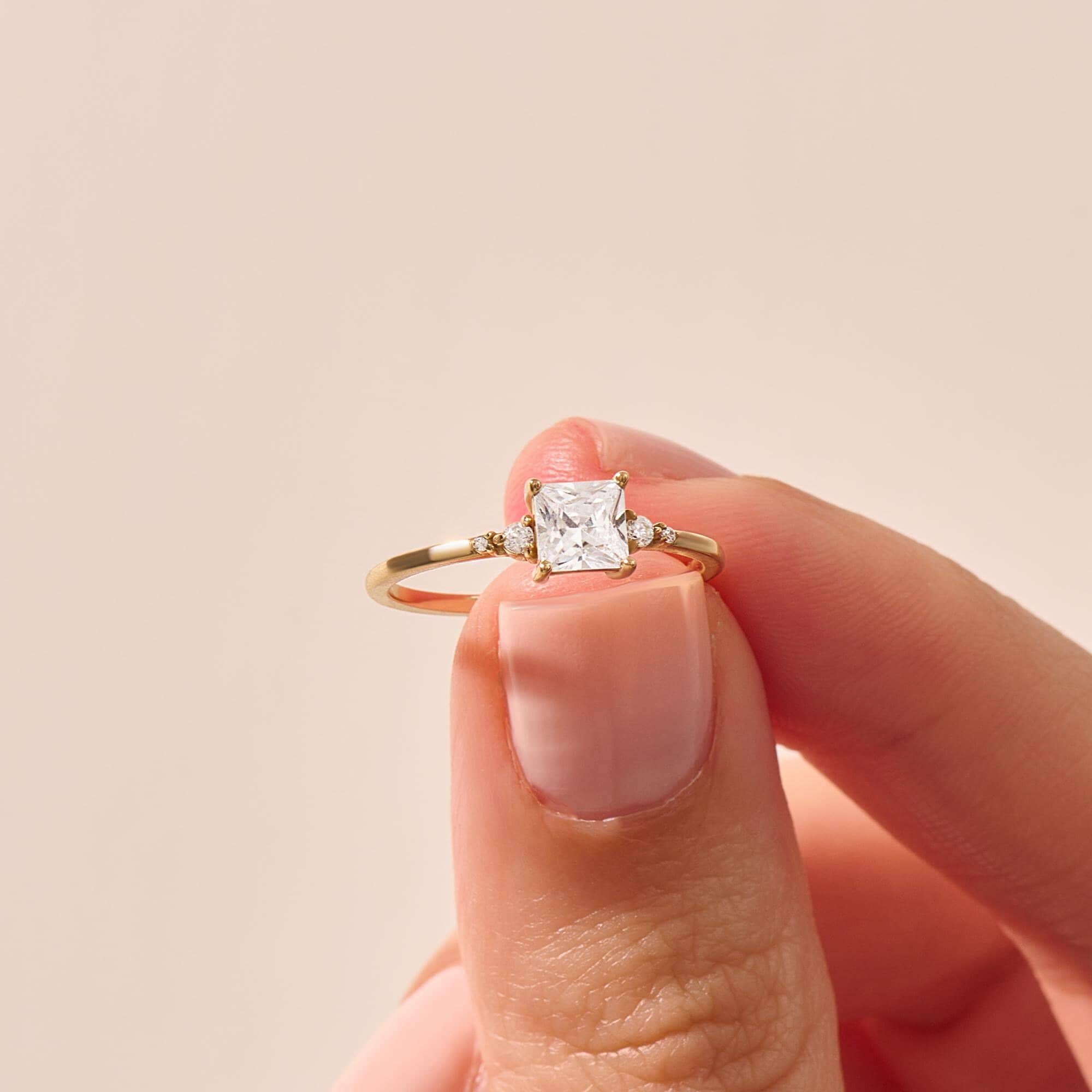 14k Solid Gold Princess Cut Moissanite Engagement Ring • Simple Solitaire Ring for Women • Modern Real Gold Proposal Jewelry Gift