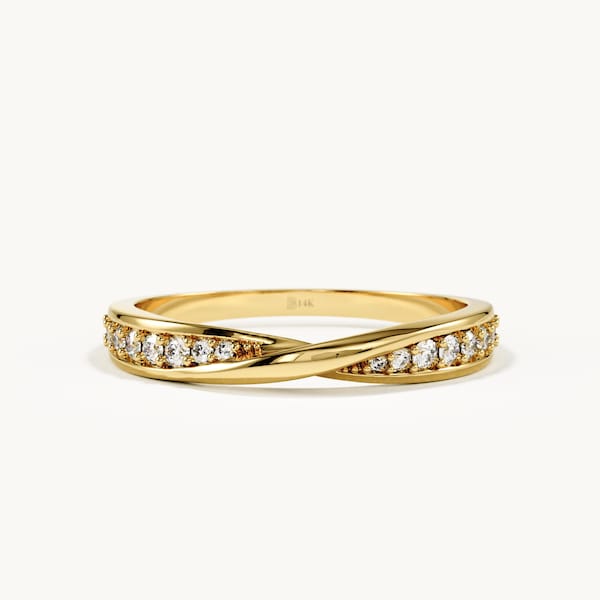 14K massief gouden trouwring met gedraaide diamanten, minimalistische ring met oneindigheidsmotief en kruisjes, unieke en verfijnde stapelring, sieraad als jubileumcadeau