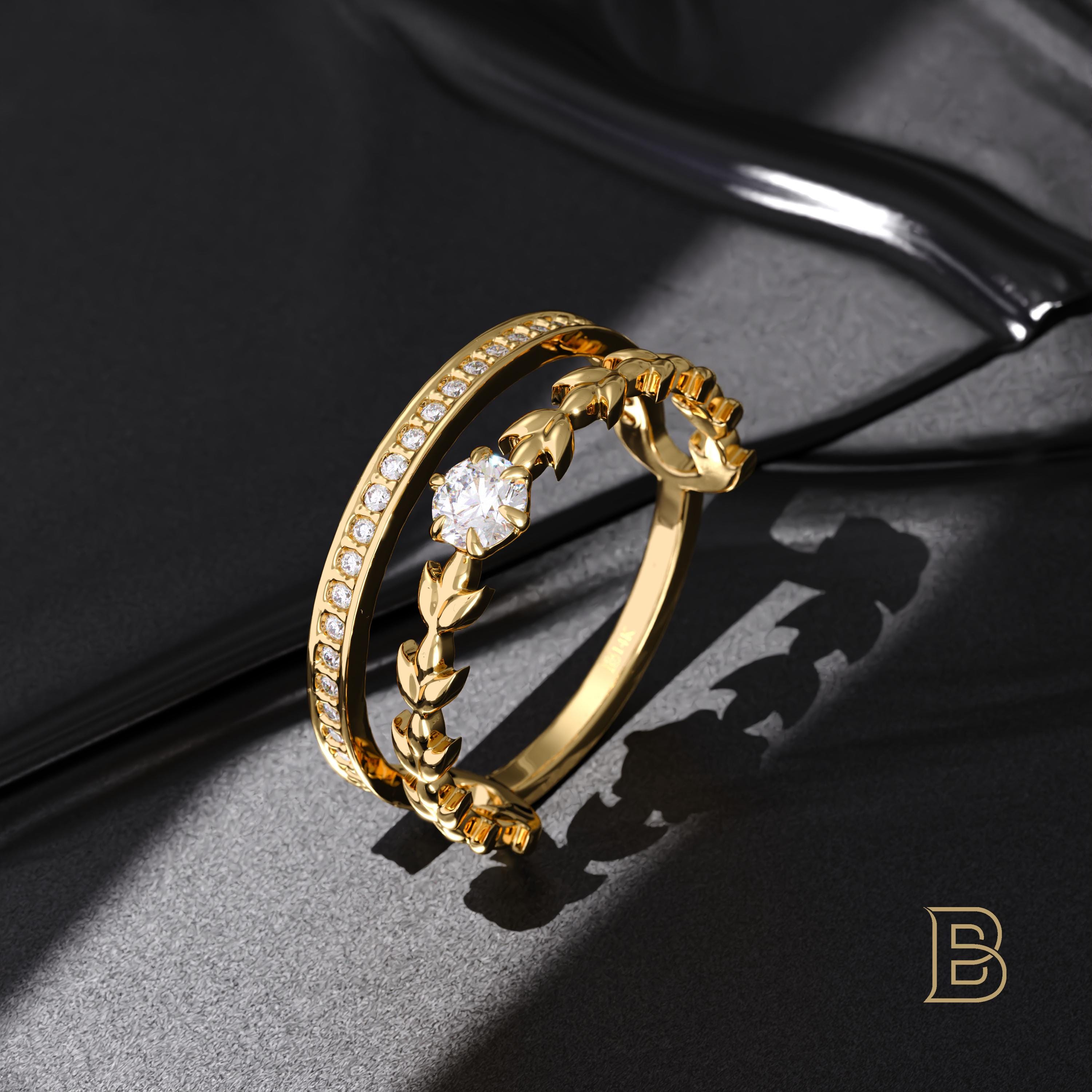 14k Solid Gold Double Band Wedding Ring and Engagement Ring, Flower Bridal Set Ring Half Eternity Wedding Ring Vine Solitaire Ring for Women